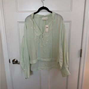 Anthropologie 100% Linen Mint Green Embroidered V-Neck Blouse